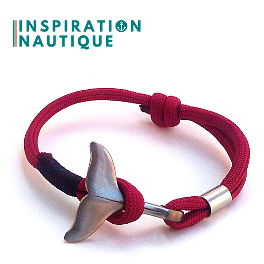 Bracelet marin avec queue de baleine en paracorde 550 et acier inoxydable, ajustable, Bourgogne, Surliure noire, Small