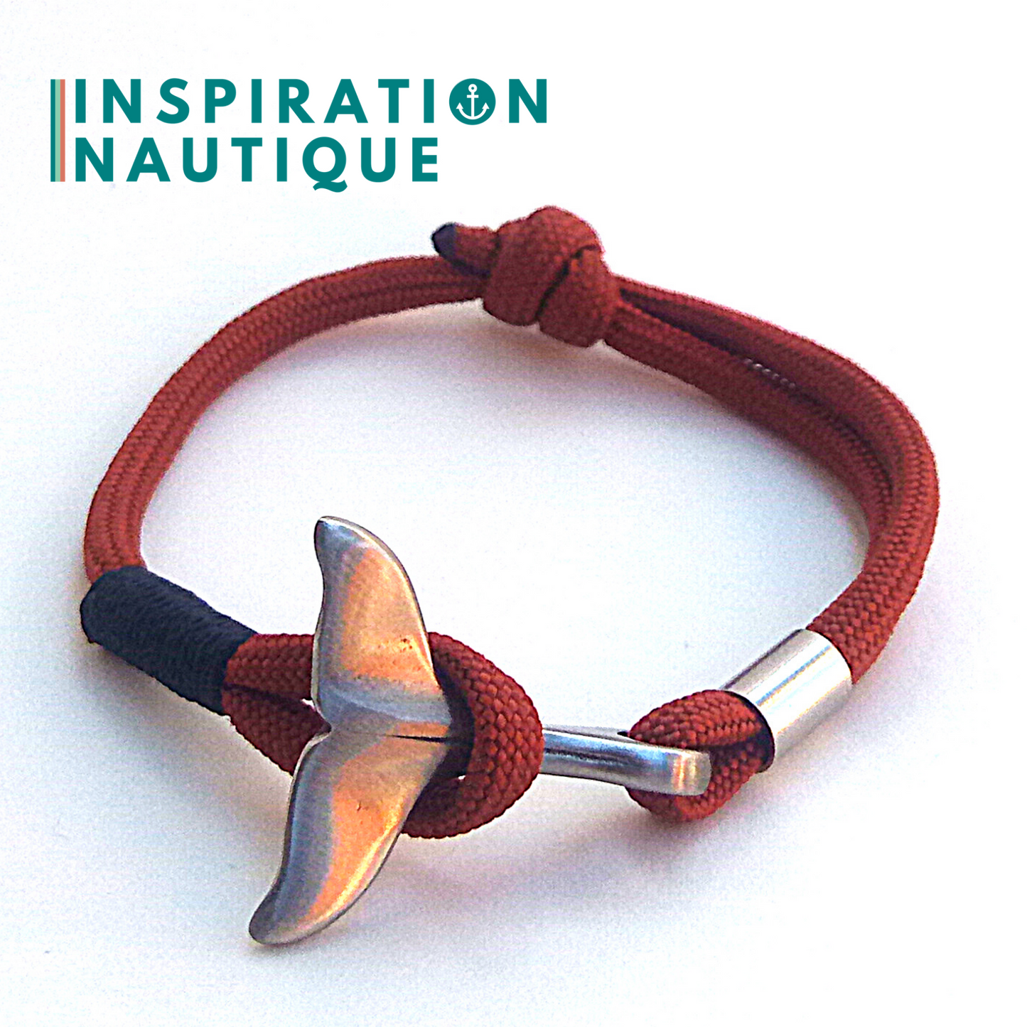 Bracelet marin avec queue de baleine en paracorde 550 et acier inoxydable, ajustable, Rouille, Surliure noire, Medium