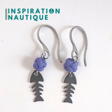 Boucles d'oreilles avec bille en corde et petit poisson en acier inoxydable, Lavande mauve