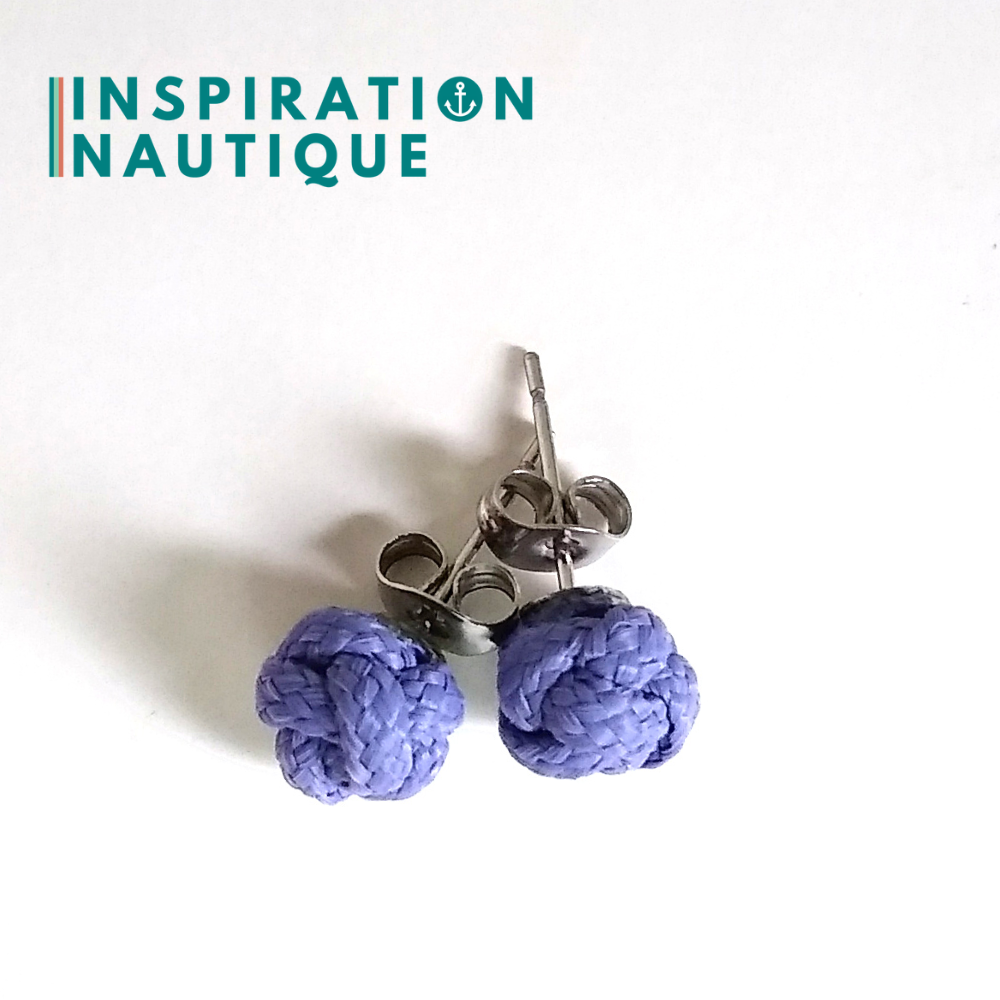 Boucles d'oreilles nautiques, boutons en noeud de sifflet de bosco, Lavande mauve