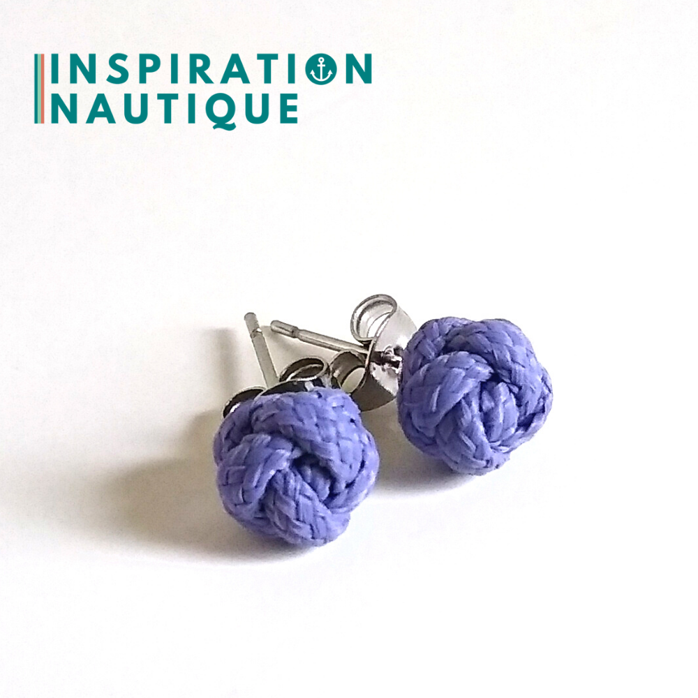 Boucles d'oreilles nautiques, boutons en noeud de sifflet de bosco, Lavande mauve