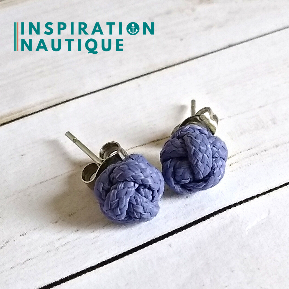 Boucles d'oreilles nautiques, boutons en noeud de sifflet de bosco, Lavande mauve