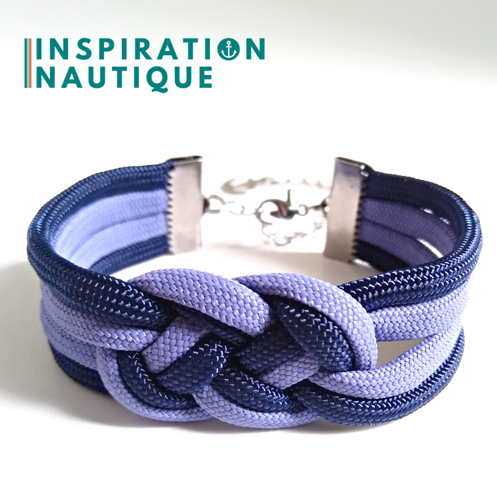 Marine bracelet with unisex double carrick knot, in 550 paracord and stainless steel, Purple lavender and navy