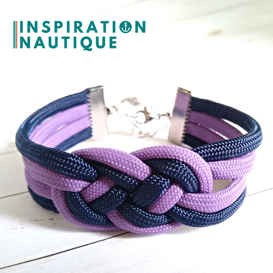 Sailor bracelet with unisex double carrick knot, in 550 paracord and stainless steel, Lilac and navy