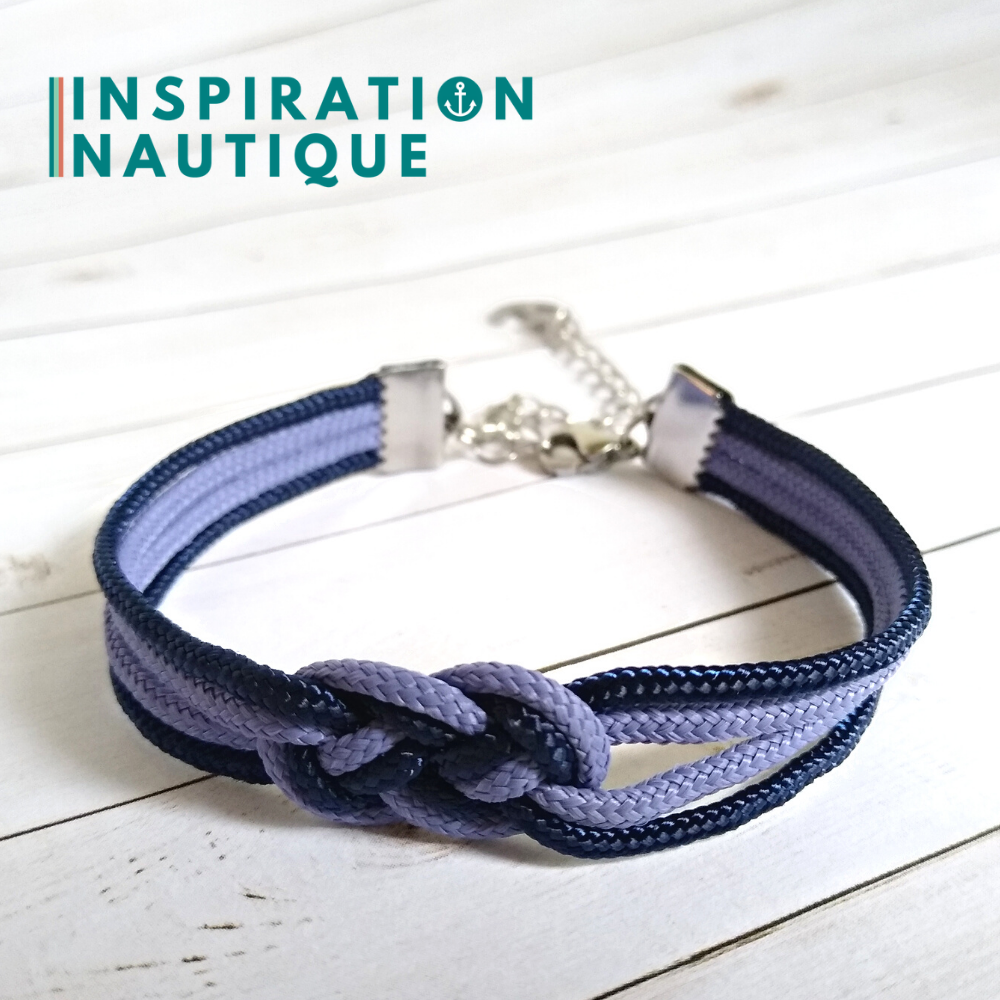 Sailor bracelet with mini unisex double carrick knot, in small paracord and stainless steel, Purple lavender and navy