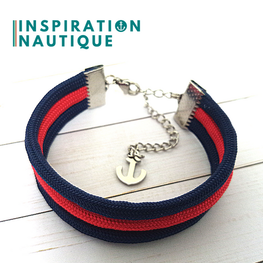 Unisex triple striped marine bracelet in 550 paracord and stainless steel, Navy and red