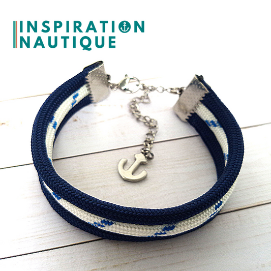 Bracelet marin triple rayures en paracorde 550 et acier inoxydable, Marine et blanc avec traceur bleu