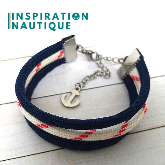 Unisex triple striped marine bracelet in 550 paracord and stainless steel, Navy and white with red tracer