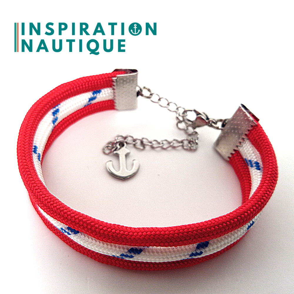 Unisex triple striped marine bracelet in 550 paracord and stainless steel, Red and white with blue tracer