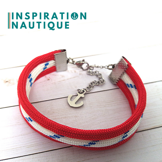 Bracelet marin triple rayures en paracorde 550 et acier inoxydable, Rouge et blanc avec traceur bleu