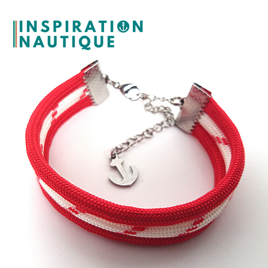 Bracelet marin triple rayures en paracorde 550 et acier inoxydable, Rouge et blanc avec traceur rouge, Small