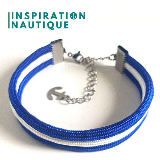 Bracelet marin triple rayures en paracorde et acier inoxydable, Bleu et blanc, Medium