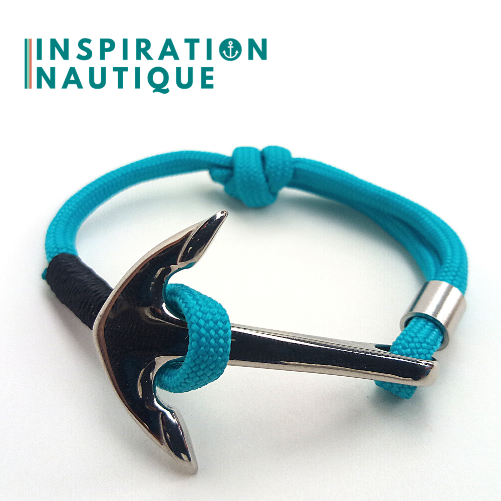 Bracelet marin avec ancre en paracorde 550 et acier inoxydable, ajustable, Turquoise, Surliure noire, Small