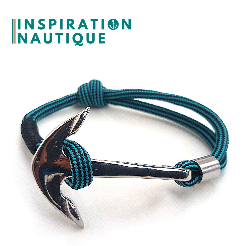 Bracelet marin avec ancre en paracorde 550 et acier inoxydable, ajustable, Turquoise et noir, ligné