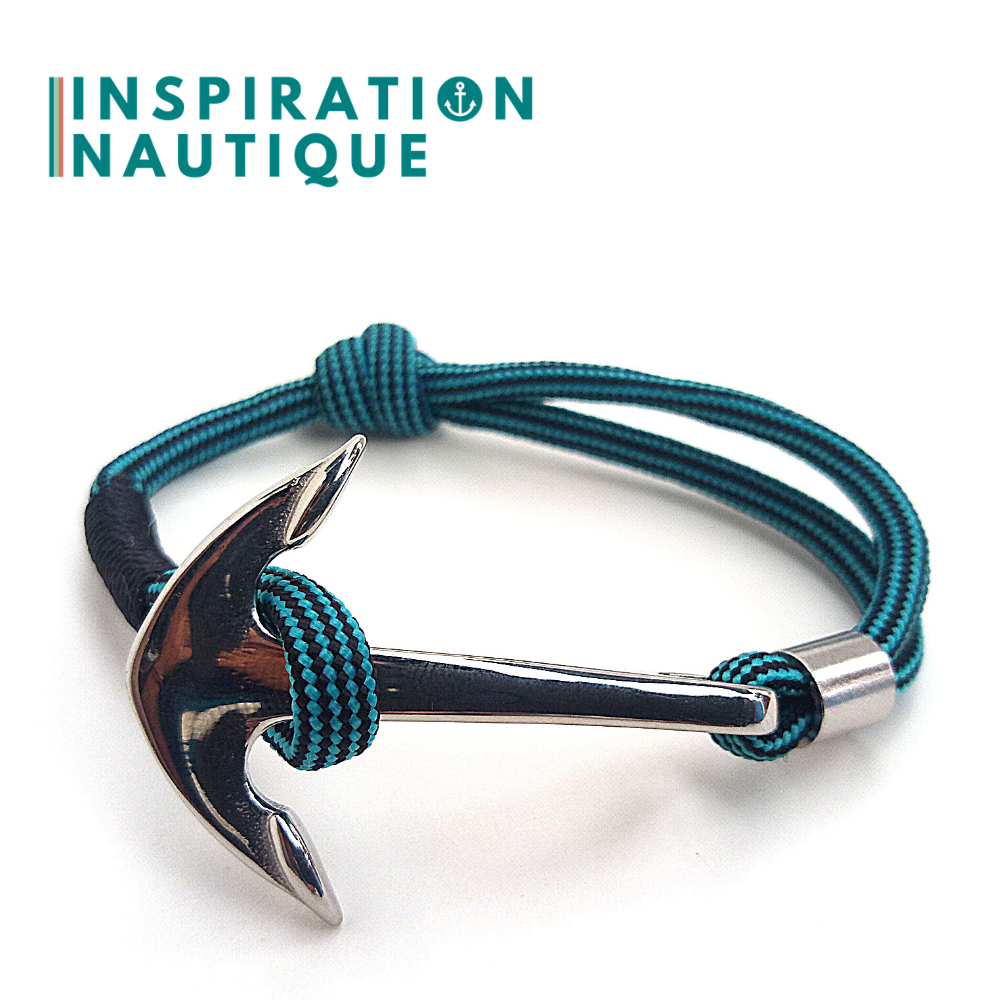 Bracelet marin avec ancre en paracorde 550 et acier inoxydable, ajustable, Turquoise et noir, ligné, surliure noire, Small