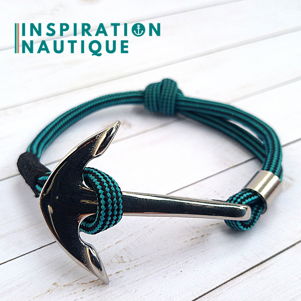 Bracelet marin avec ancre en paracorde 550 et acier inoxydable, ajustable, Turquoise et noir, ligné