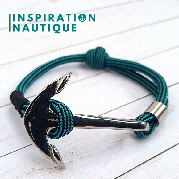 Bracelet marin avec ancre pour homme ou femme en paracorde 550 et acier inoxydable, ajustable, Turquoise et noir, ligné