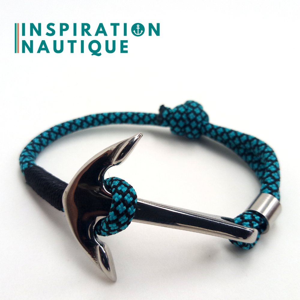 Ready to go | Marine bracelet with anchor for men or women in 550 paracord and stainless steel, adjustable, Turquoise and black, diamonds, Black whipping, Large