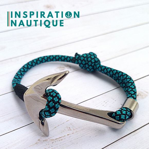 Bracelet marin avec ancre pour homme ou femme en paracorde 550 et acier inoxydable, ajustable, Turquoise et noir, diamants