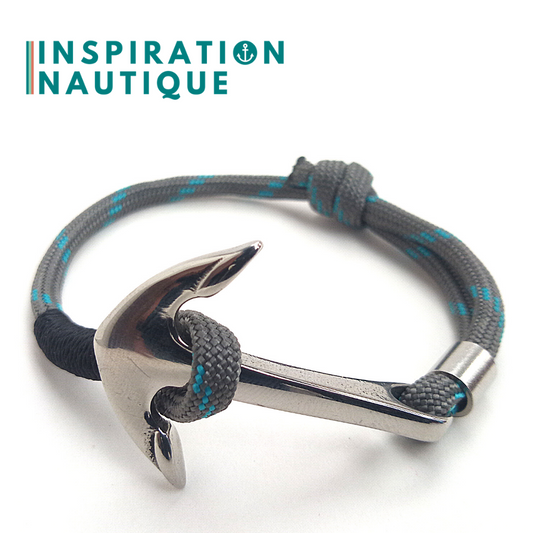 Bracelet marin avec ancre en paracorde 550 et acier inoxydable, ajustable, Gris avec traceur turquoise, Surliure noire, Medium