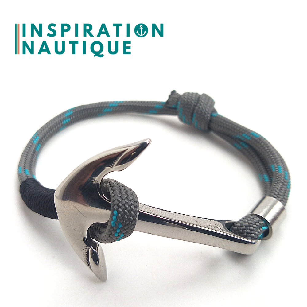 Ready to go | Marine bracelet with anchor for men or women in 550 paracord and stainless steel, adjustable, Gray with turquoise tracer, Black binding, Small