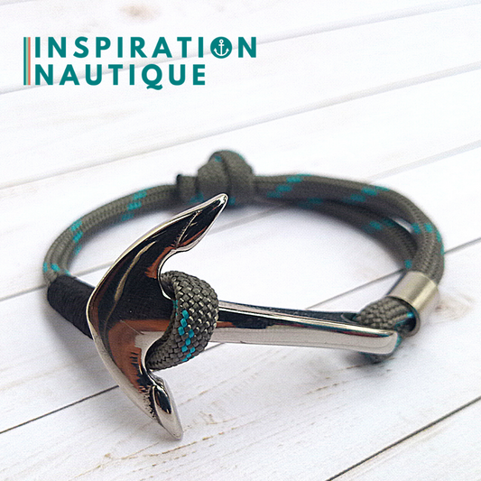 Bracelet marin avec ancre en paracorde 550 et acier inoxydable, ajustable, Gris avec traceur turquoise