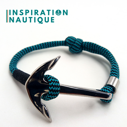Ready to go | Marine bracelet with anchor for men or women in 550 paracord and stainless steel, adjustable, Turquoise and black, zigzags, Black whipping, Medium