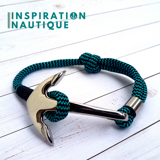 Bracelet marin avec ancre en paracorde 550 et acier inoxydable, ajustable, Turquoise et noir, zigzags