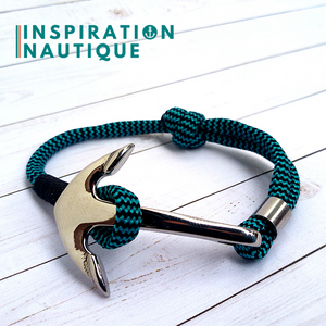 Bracelet marin avec ancre pour homme ou femme en paracorde 550 et acier inoxydable, ajustable, Turquoise et noir, zigzags