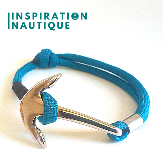 Bracelet marin avec ancre en paracorde 550 et acier inoxydable, ajustable, Bleu Caraïbes, Surliure noire, Medium