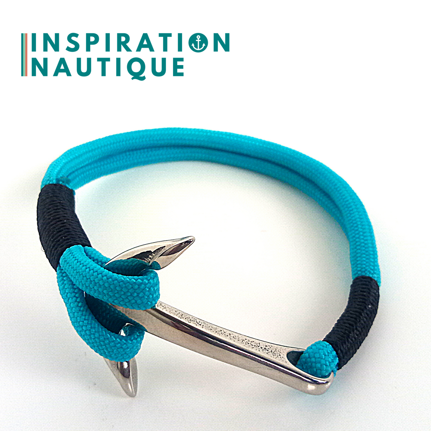 Bracelet marin avec ancre en paracorde 550 et acier inoxydable, Turquoise, Surliure noire, Medium-Large