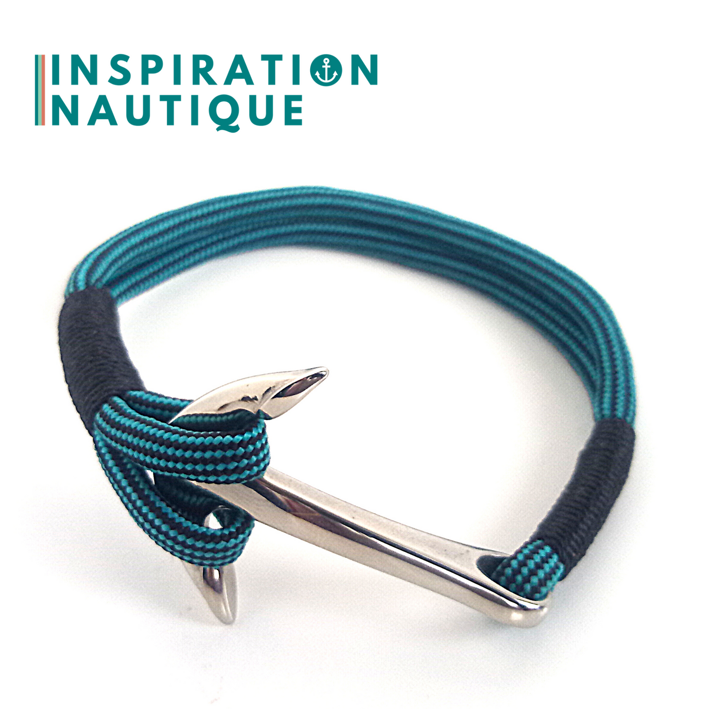Bracelet marin avec ancre en paracorde 550 et acier inoxydable, Turquoise et noir, ligné, Surliure noire, Medium-Large