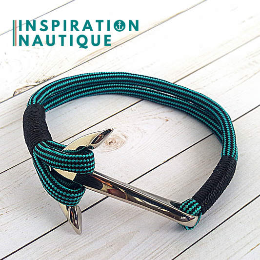 Bracelet marin avec ancre en paracorde 550 et acier inoxydable, Turquoise et noir, ligné