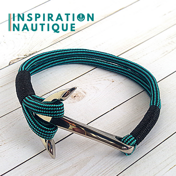 Bracelet marin avec ancre pour homme ou femme en paracorde 550 et acier inoxydable, Turquoise et noir, ligné
