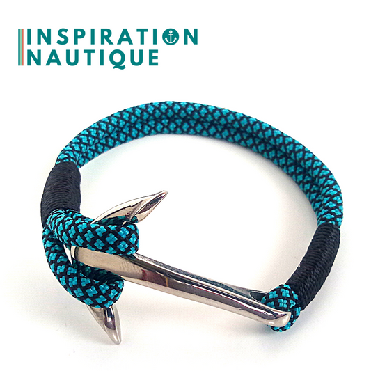 Ready to go | Marine bracelet with anchor for men or women in 550 paracord and stainless steel, Turquoise and black, diamonds, Black whipping, Medium-Large