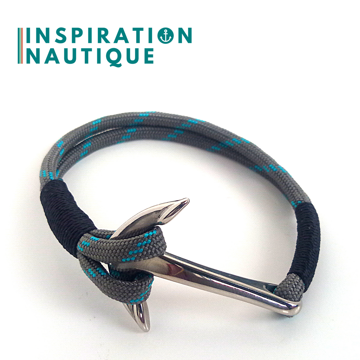 Bracelet marin avec ancre en paracorde 550 et acier inoxydable, Gris avec traceur turquoise