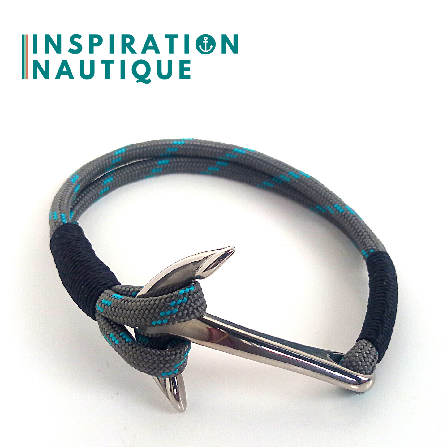 Bracelet marin avec ancre en paracorde 550 et acier inoxydable, Gris avec traceur turquoise, Surliure noire, Medium-Large