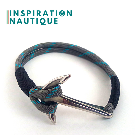 Bracelet marin avec ancre en paracorde 550 et acier inoxydable, Gris avec traceur turquoise, Surliure noire, Large