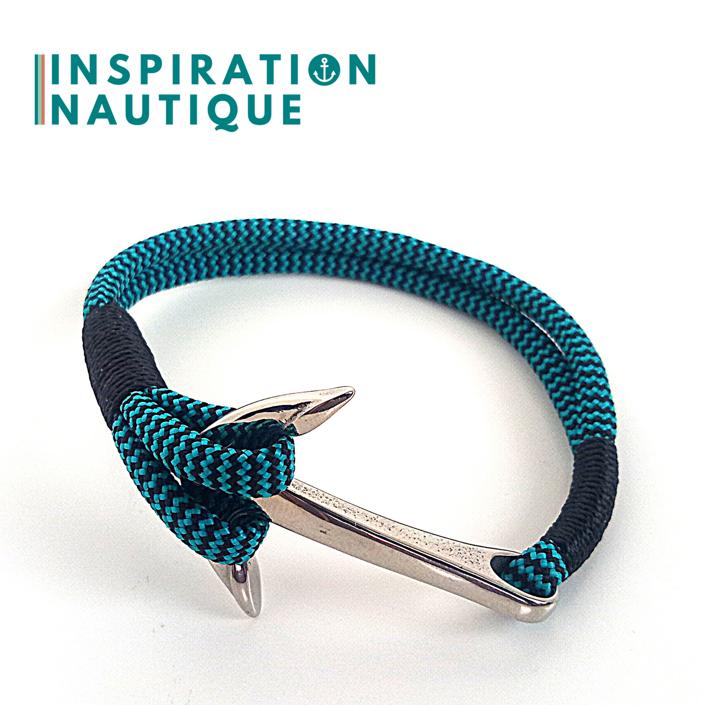 Bracelet marin avec ancre en paracorde 550 et acier inoxydable, Turquoise et noir, zigzags