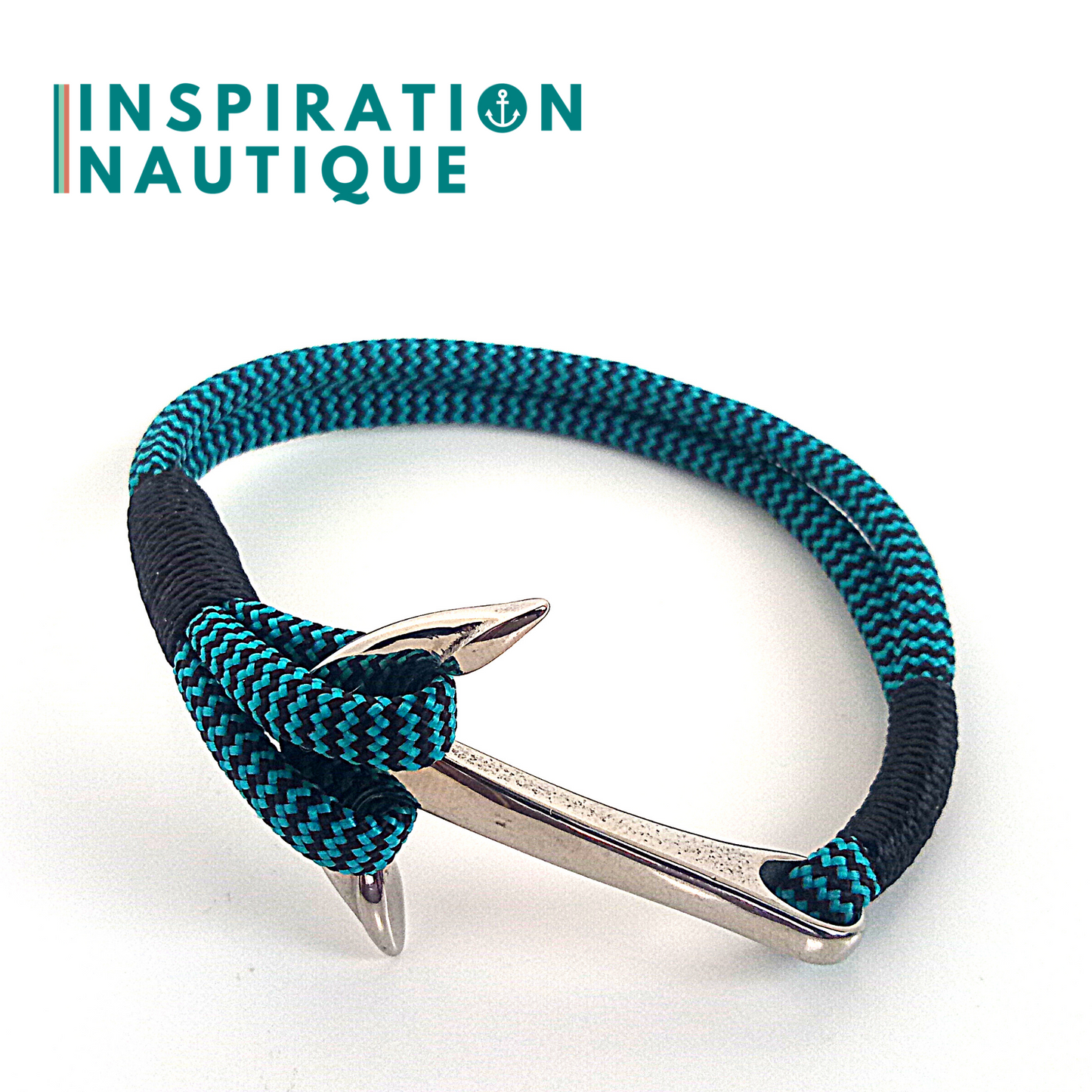 Bracelet marin avec ancre en paracorde 550 et acier inoxydable, Turquoise et noir, zigzags, Surliure noire, Medium-Large