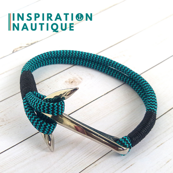 Bracelet marin avec ancre pour homme ou femme en paracorde 550 et acier inoxydable, Turquoise et noir, zigzags