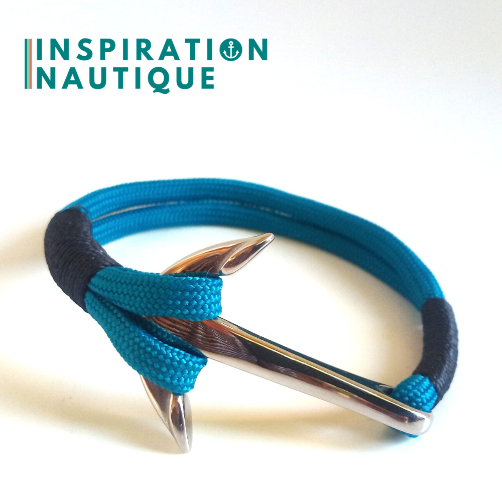 Bracelet marin avec ancre en paracorde 550 et acier inoxydable, Bleu Caraïbes, Surliure noire, Medium