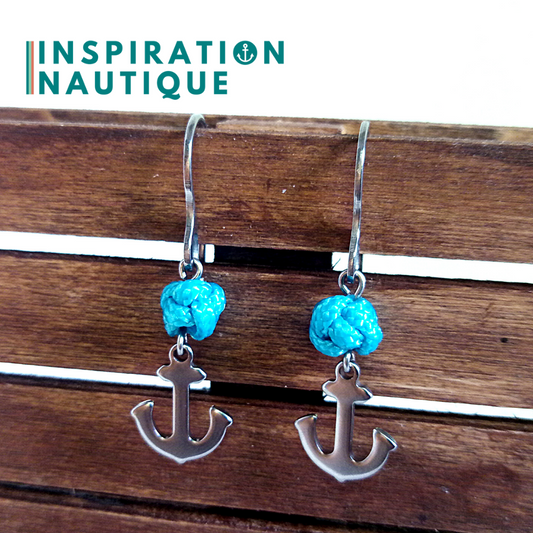 Boucles d'oreilles avec bille en corde et ancre en acier inoxydable, Turquoises