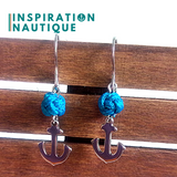 Boucles d'oreilles avec bille en corde et ancre en acier inoxydable, Bleu Caraïbes