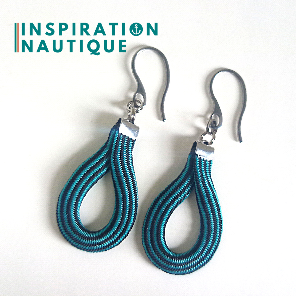 Boucles d'oreilles Goutte, Turquoise et noir, ligné