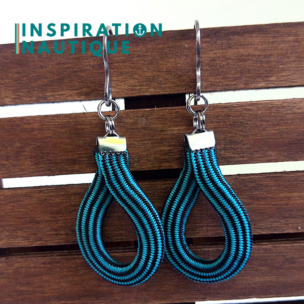 Boucles d'oreilles Goutte, Turquoise et noir, ligné