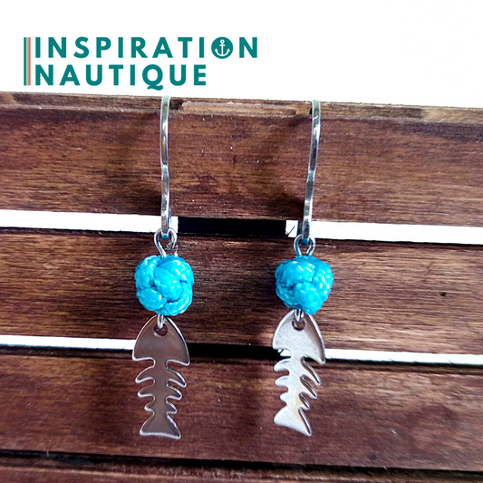 Boucles d'oreilles avec bille en corde et petit poisson en acier inoxydable, Turquoise