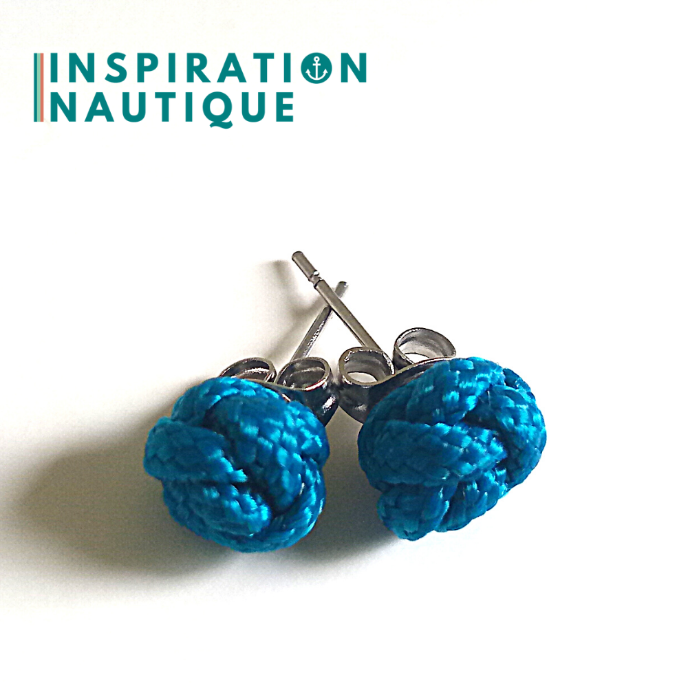 Boucles d'oreilles nautiques, boutons en noeud de sifflet de bosco, Bleu Caraïbes