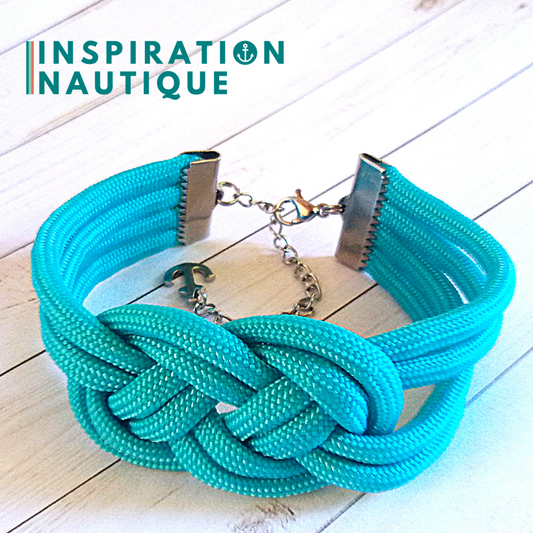 Sailor bracelet with unisex double carrick knot, in 550 paracord and stainless steel, Turquoise