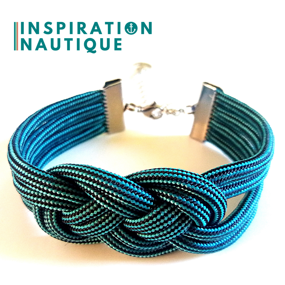 Bracelet marin avec noeud de carrick double unisexe, en paracorde 550 et acier inoxydable, Turquoise et noir, ligné